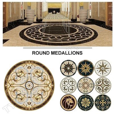 Piso de pedra de mármore com padrão de jato de água e ladrilhos de mosaico medalhão